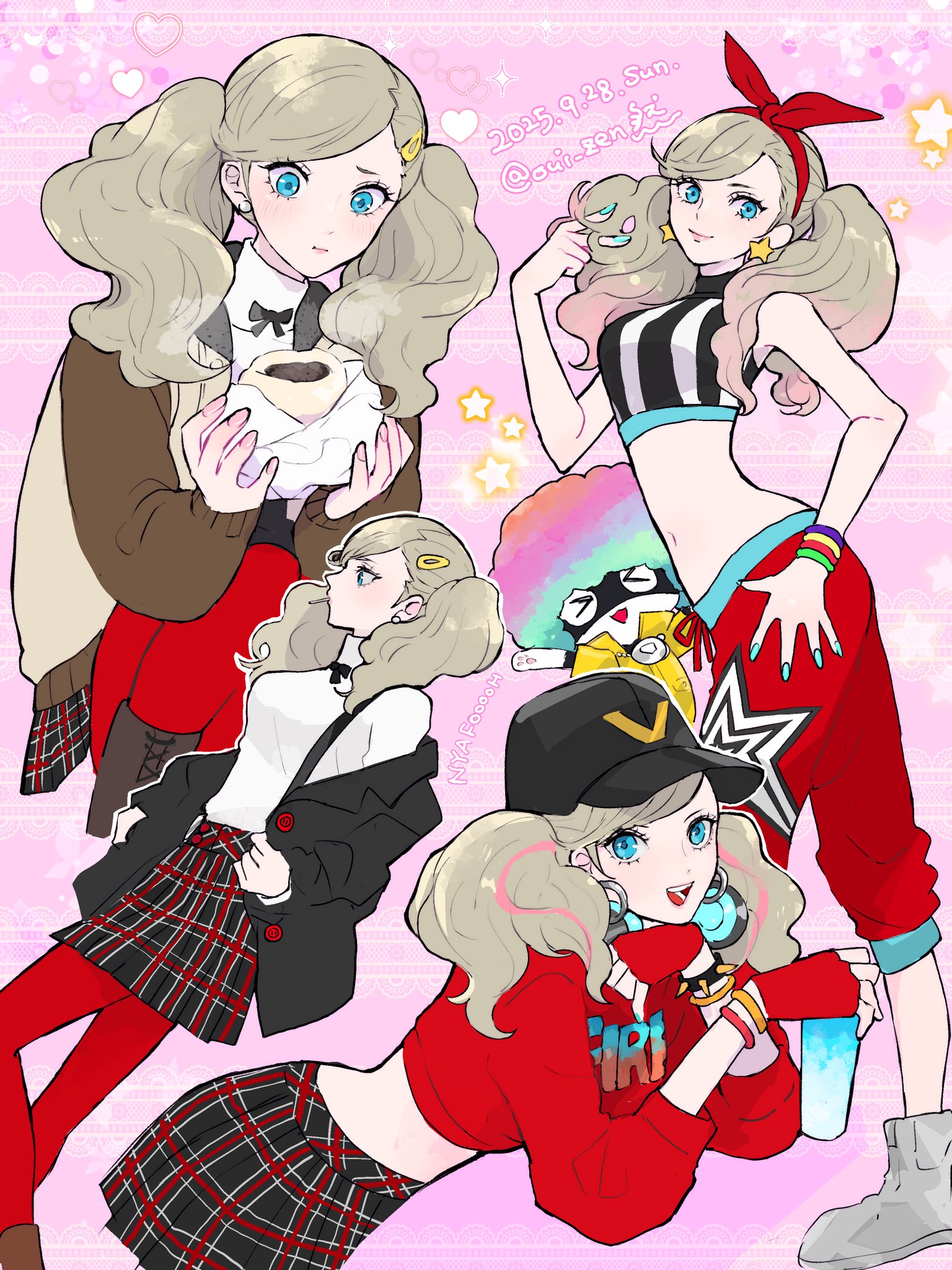 oui zen, morgana (persona 5), takamaki anne, persona, persona 5, persona 5: dancing star night, persona dancing, highres, > <, 1girl, :d, afro, black hat, black jacket, black shirt, blonde hair, blue eyes, boots, bow hairband, bracelet, brown boots, brown jacket, closed mouth, clown wig, cowboy shot, crop top, cropped legs, cropped sweater, dated, earrings, food, foot out of frame, from side, gradient hair, hair ornament, hairband, hairclip, hand in own hair, hand on own hip, hat, headphones, headphones around neck, heart, holding, holding food, jacket, jacket partially removed, jewelry, long hair, long sleeves, looking at food, looking at viewer, midriff, multicolored hair, multiple views, open mouth, pants, pantyhose, pink background, pink streaks, plaid clothes, plaid skirt, red hairband, red pants, red pantyhose, red sweater, school uniform, shirt, shoes, shuujin academy school uniform, skirt, sleeveless, sleeveless shirt, smile, spiked bracelet, spikes, squatting, star (symbol), star earrings, striped clothes, striped shirt, sweater, turtleneck, turtleneck shirt, twintails, twitter username, two-tone shirt, vertical-striped clothes, vertical-striped shirt, white shirt, white shoes, wig