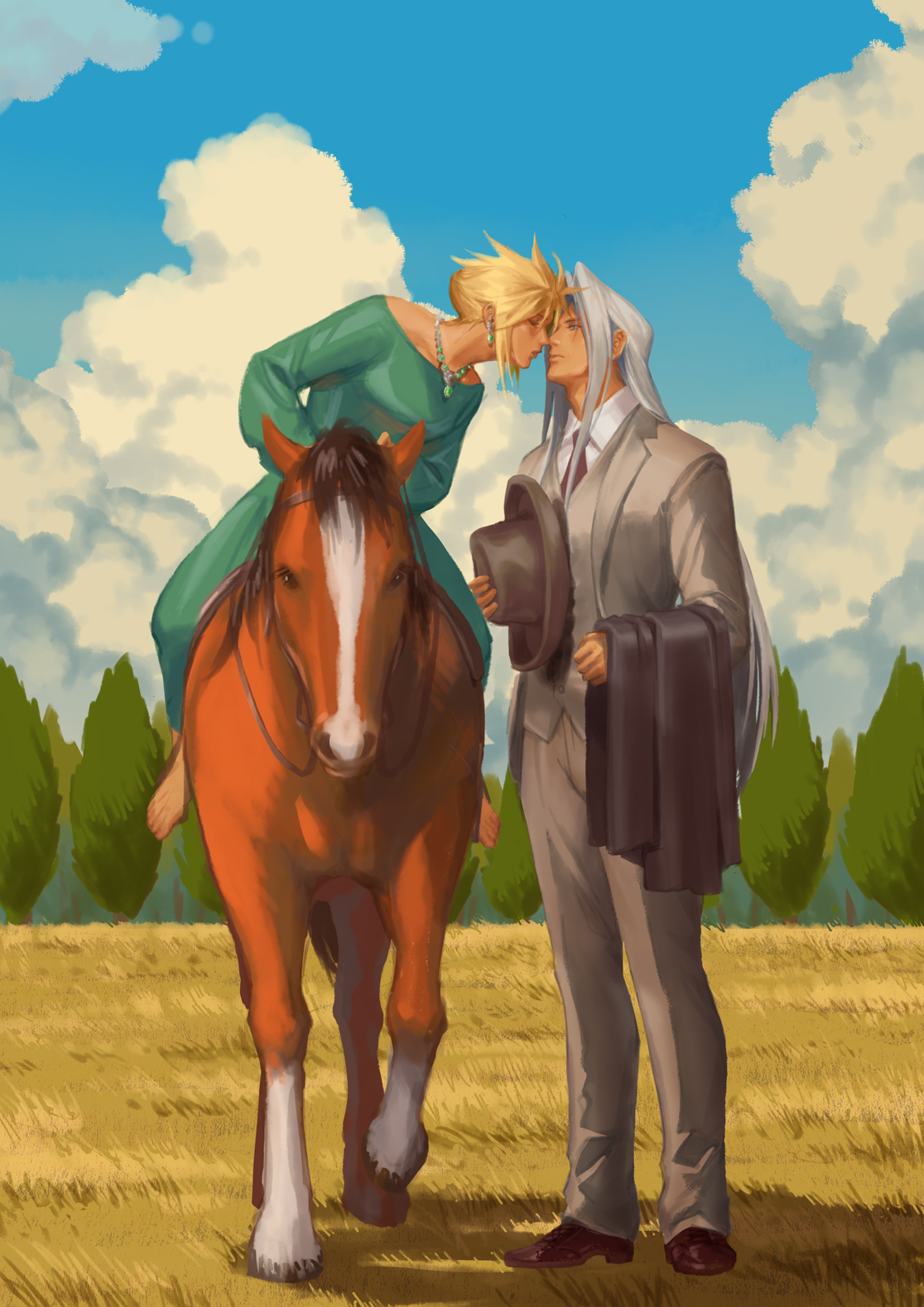 eilinna, cloud strife, sephiroth, final fantasy, final fantasy vii, commission, highres, 1940s (style), 2boys, alternate costume, barefoot, blonde hair, bra, bra visible through clothes, brown shoes, closed eyes, cloud, cloudy sky, coat, collared shirt, crossdressing, dress, earrings, field, formal clothes, full body, grass, green dress, grey hair, grey jacket, grey pants, grey suit, grey vest, hair between eyes, hat, holding, holding coat, holding unworn clothes, holding unworn hat, horseback riding, imminent kiss, jacket, jewelry, leaning forward, long bangs, long dress, long hair, looking at another, male focus, multiple boys, necklace, necktie, pants, parted bangs, riding, sharp teeth, shirt, shoes, short hair, sky, standing, suit, suit jacket, teeth, tree, underwear, unworn coat, unworn hat, unworn headwear, vest, waistcoat, white bra, white shirt, yaoi