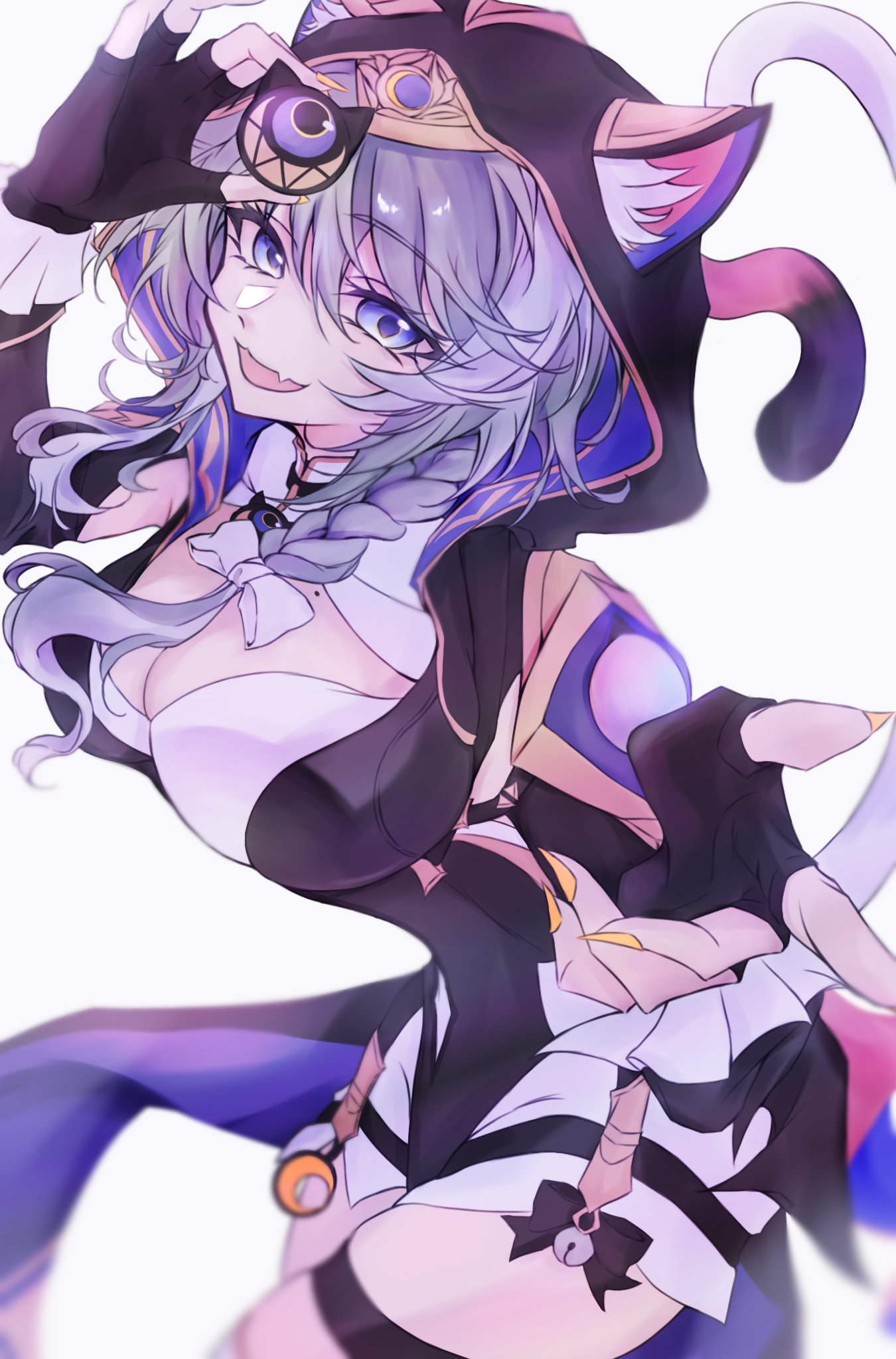 cipher (honkai: star rail), honkai: star rail, honkai (series), highres, 1girl, animal ears, black gloves, blue eyes, braid, breasts, cat ears, cat girl, cat tail, fingerless gloves, gloves, grey hair, hood, large breasts, looking at viewer, rael7phj3v94056, smile, solo, tail, yellow nails