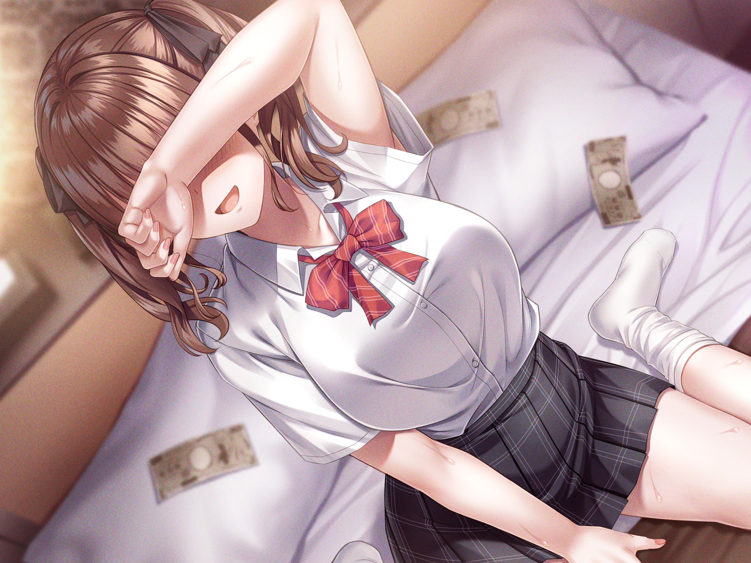super nagoyaka, original, highres, 1girl, :d, banknote, bed, bed sheet, between legs, black skirt, blurry, blurry background, blush, breasts, brown hair, collared shirt, covering own eyes, dutch angle, hair ribbon, hand between legs, indoors, large breasts, long hair, money, on bed, open mouth, pillow, pleated skirt, ribbon, school uniform, shirt, short sleeves, sitting, skirt, smile, socks, solo, twintails, wariza, white shirt, white socks
