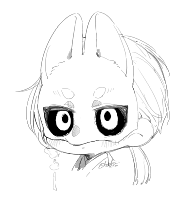 otochi (otc so), fox mask (silent hill), silent hill (series), silent hill f, 1boy, black sclera, blush, chibi, chibi only, closed mouth, colored sclera, earrings, fox mask, japanese clothes, jewelry, long hair, looking at viewer, low ponytail, male focus, mask, ponytail, robe, sign, single earring, sketch, solo, tassel, tassel earrings, twitter username, upper body, white background, white hair, white robe