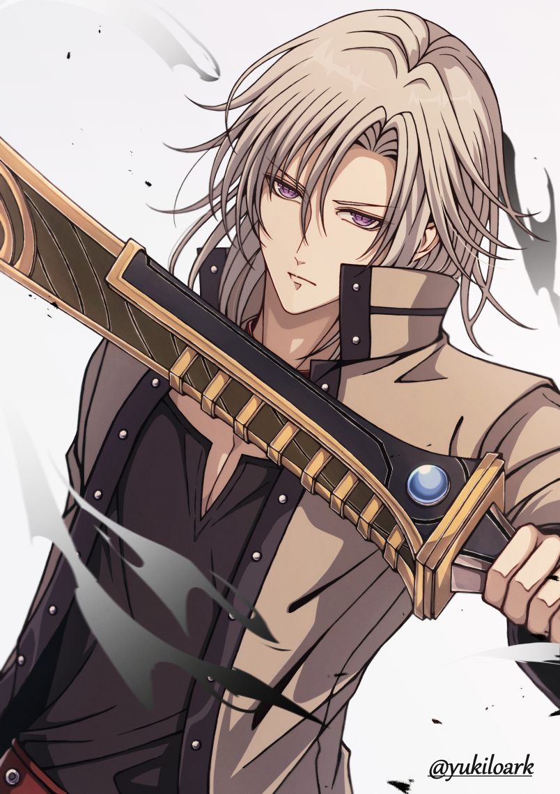 yukiko (leovioykk), leonhardt (eiyuu densetsu), eiyuu densetsu, sora no kiseki, 1boy, armor, coat, curtained hair, hair between eyes, holding, holding sword, holding weapon, looking at viewer, male focus, parted bangs, purple eyes, simple background, single sidelock, solo, sword, twitter username, upper body, weapon, white background, white hair