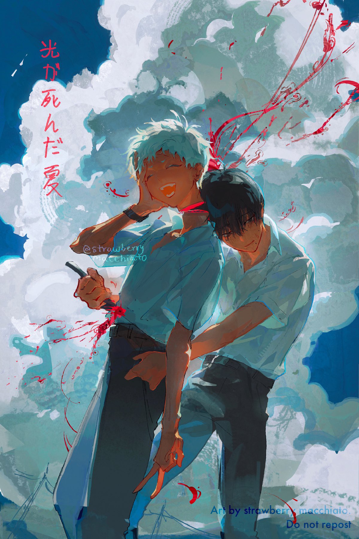 sberrymacchiato, indou hikaru, tsujinaka yoshiki, hikaru ga shinda natsu, hashtag-only commentary, highres, 2boys, belt, black belt, black hair, black pants, blood, closed eyes, cloud, collared shirt, cowboy shot, decapitation, holding, holding knife, knife, male focus, mole, mole on cheek, mole under eye, mole under mouth, multiple boys, multiple moles, pants, shirt, shirt tucked in, short hair, sky, smile, v, watch, white hair, white shirt, wristwatch