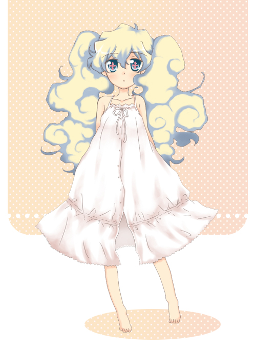 hazuki (pacco), nia teppelin, tengen toppa gurren lagann, bad id, bad pixiv id, 00s, barefoot, curly hair, dress, multicolored hair, solo, twintails