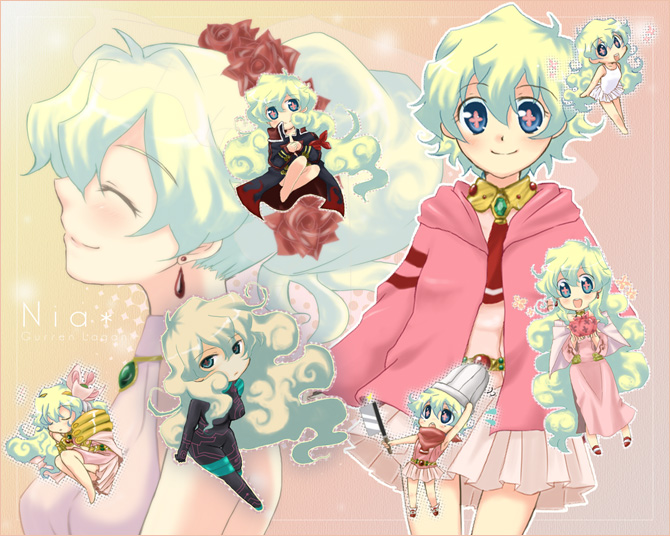 hazuki (pacco), antispiral nia, nia teppelin, tengen toppa gurren lagann, 00s, bridal veil, bride, chibi, dress, hood, hoodie, long hair, multicolored hair, skirt, veil, wedding dress