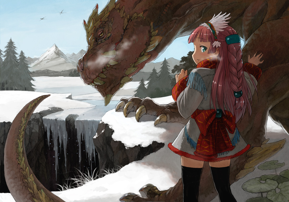 shirane taito, dragon, long hair, pink hair, ribbon, snow, socks, solo