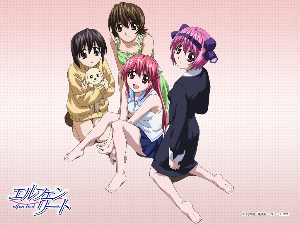 kishimoto seiji, lucy (elfen lied), mayu (elfen lied), nana (elfen lied), nyuu, wanta, yuka (elfen lied), elfen lied, magenta eyes, official art, official wallpaper, 00s, 4girls, armpits, barefoot, between thighs, black hair, brown eyes, dog, dress, feet, hairband, holding, horns, kneeling, looking back, multiple girls, pink eyes, pink hair, red eyes, short hair, sitting, skirt, smile, sweater, thighs