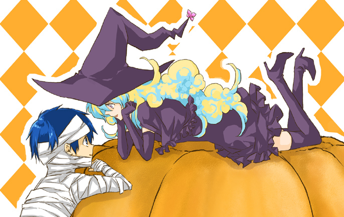 suzushiro (pixiv67553), suzushiro (szsr), nia teppelin, simon (ttgl), tengen toppa gurren lagann, bad id, bad pixiv id, 00s, 1boy, 1girl, bandages, blue hair, boots, couple, dress, gloves, halloween, hat, hetero, high heel boots, high heels, kiyoshi shiro, multicolored hair, smile, thigh boots, thighhighs, witch, witch hat