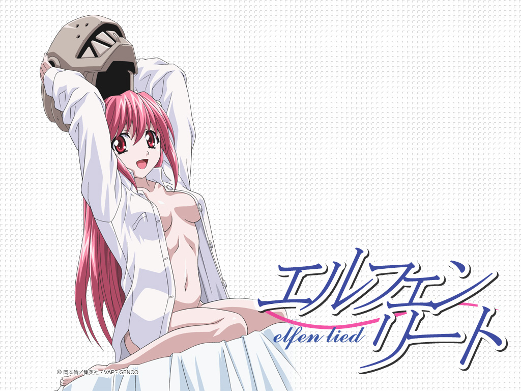 kishimoto seiji, lucy (elfen lied), nyuu, elfen lied, 00s, 1girl, arms up, barefoot, bottomless, feet, female focus, helmet, long hair, navel, no bra, open clothes, open shirt, pink hair, red eyes, shirt, sitting, solo, very long hair, white shirt