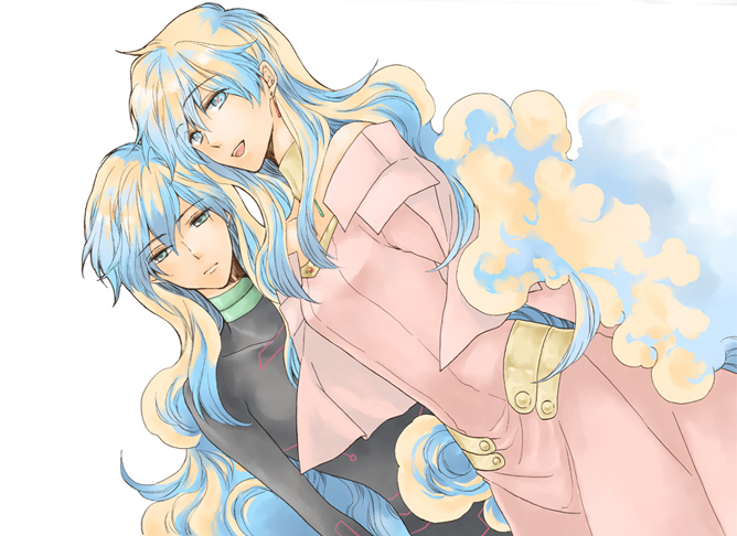 suzushiro (pixiv67553), suzushiro (szsr), antispiral nia, nia teppelin, tengen toppa gurren lagann, bad id, bad pixiv id, + +, 00s, 2girls, bare shoulders, blonde hair, blue eyes, blue hair, bodysuit, choker, collarbone, curly hair, dark persona, dress, dual persona, earrings, expressionless, jewelry, kiyoshi shiro, long hair, multicolored hair, multiple girls, multiple persona, necklace, open mouth, skin tight, smile, symbol-shaped pupils, teeth, time paradox, two-tone hair, very long hair