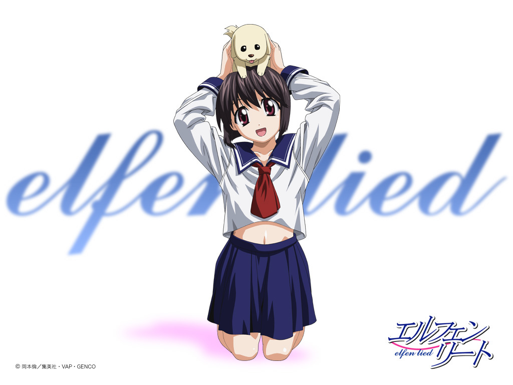 kishimoto seiji, mayu (elfen lied), wanta, elfen lied, 00s, 1girl, arms up, baby animal, black hair, bob cut, dog, female focus, happy, kneeling, midriff, object on head, puppy, red eyes, school uniform, serafuku, short hair, skirt, solo