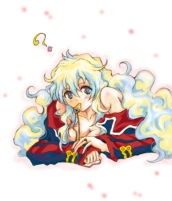 croswa, nia teppelin, tengen toppa gurren lagann, bad id, bad pixiv id, 00s, 1girl, ?, breasts, cleavage, coat, curly hair, drill, female focus, jewelry, multicolored hair, naked coat, necklace, solo, trench coat
