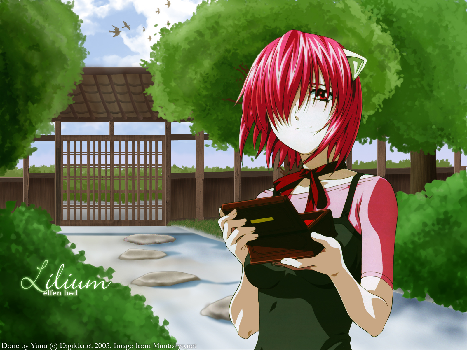 kaede (character), lucy (elfen lied), elfen lied, highres, 00s, horns, music box, solo, watermark