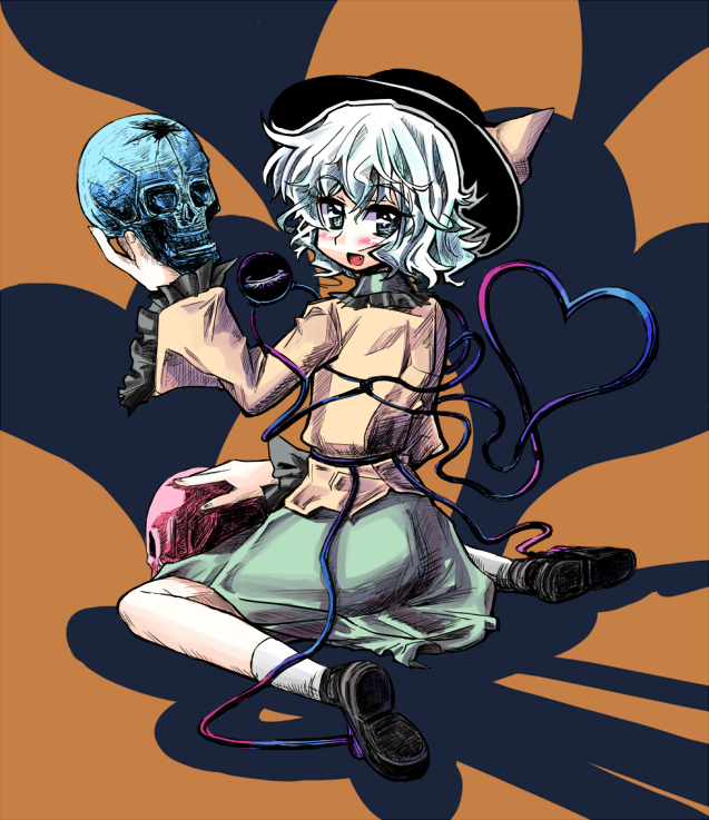 sai koro, komeiji koishi, touhou, 1girl, fang, female focus, hat, heart, heart of string, ribbon, short hair, skull, solo