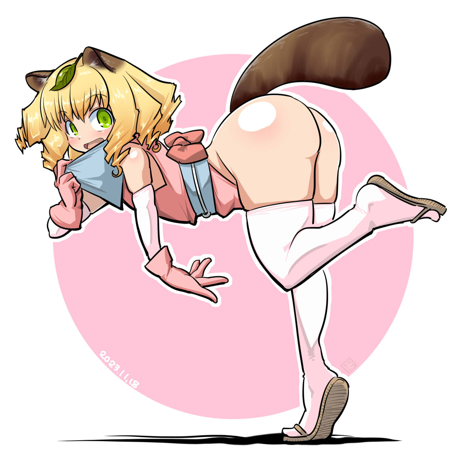itini-sanshi, hinaichigo, rozen maiden, commentary request, highres, 1girl, animal ears, ass, back bow, bandana, bent over, blonde hair, blush, bow, brown sandals, dated, drill hair, full body, gloves, green eyes, grey bandana, grey sash, leaf, leaf on head, leotard, looking at viewer, looking to the side, obi, open mouth, pink background, pink bow, pink gloves, pink leotard, quad drills, raccoon ears, raccoon girl, raccoon tail, sandals, sash, short hair, simple background, smile, solo, tail, thighhighs, white background, white thighhighs