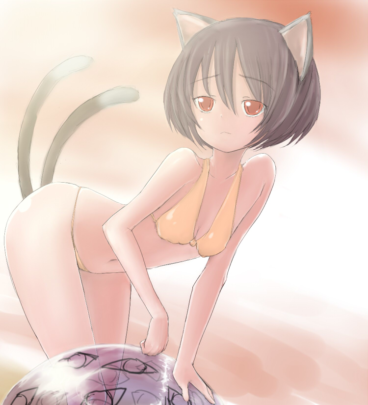 tuwako, chen, touhou, bad id, bad pixiv id, 1girl, :<, animal ears, bikini, brown hair, cat ears, cat girl, cat tail, female focus, multiple tails, red eyes, short hair, solo, swimsuit, tail