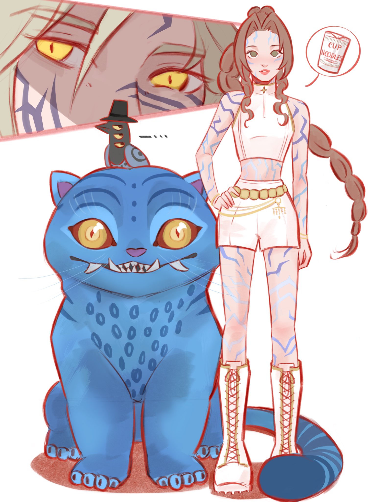 aerith gainsborough, cloud strife, derpy (kpop demon hunters), jinu (kpop demon hunters), rumi (kpop demon hunters), sussie (kpop demon hunters), final fantasy, final fantasy vii, highres, 1boy, 1girl, bare shoulders, black hat, blonde hair, body markings, boots, braid, breasts, brown hair, cat, colored sclera, cosplay, crop top, cup ramen, demon boy, extra eyes, facial mark, fangs, fangs out, full body, gold belt, green eyes, hair between eyes, hand on own hip, hat, jinu (kpop demon hunters) (cosplay), looking at another, magpie, medium breasts, midriff, motchilin, parted bangs, parted lips, red sclera, rumi (kpop demon hunters) (cosplay), shirt, short shorts, shorts, sidelocks, single braid, slit pupils, spoken food, tiger, white background, white boots, white shirt, white shorts, yellow eyes