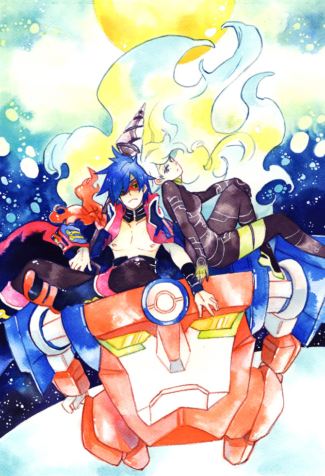hoshitsu, antispiral nia, lagann, nia teppelin, simon (ttgl), tengen toppa gurren lagann, 00s, 1boy, 1girl, blonde hair, blue hair, bodysuit, coat, couple, goggles, hand on own knee, hetero, jacket, jewelry, long coat, long hair, mecha, multicolored hair, neon trim, open clothes, open coat, polearm, ring, robot, short hair, skin tight, space, spear, star (symbol), topless male, two-tone hair, very long hair, weapon