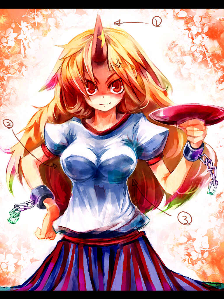 ukyo rst, hoshiguma yuugi, touhou, 1girl, angry, blonde hair, breasts, chain, cup, female focus, horns, long hair, medium breasts, red eyes, sakazuki, single horn, solo