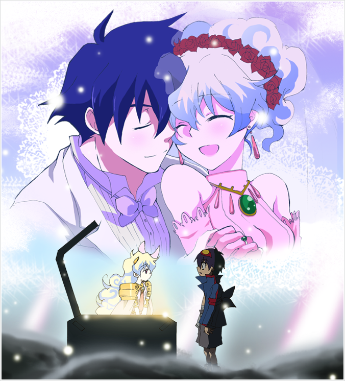 hazuki (pacco), nia teppelin, simon (ttgl), tengen toppa gurren lagann, 00s, 1boy, 1girl, blue hair, blush, bride, brooch, couple, curly hair, dress, earrings, flower, happy, hetero, husband and wife, jewelry, multicolored hair, ring, rose, short hair, smile, wedding, wedding dress
