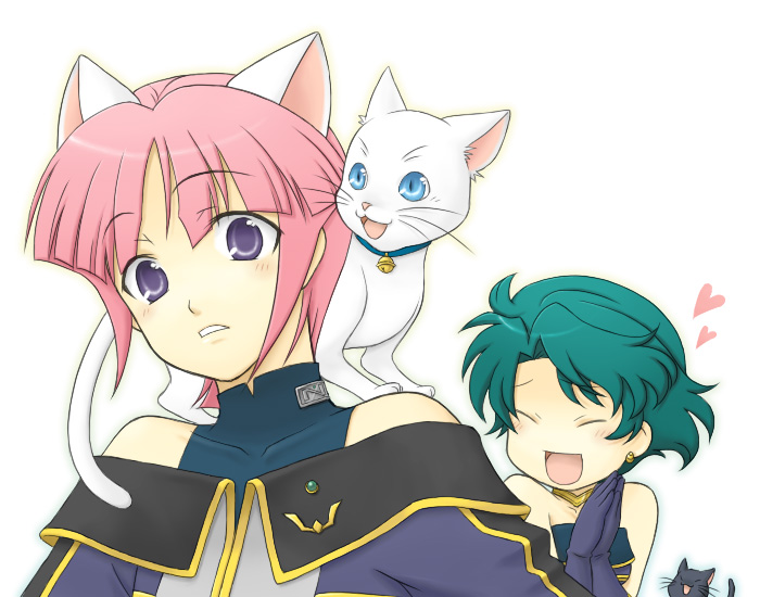 hitsuji gatsu, mizuki kaya, aya kobayashi, kuro (srw), mai kobayashi, shiro (srw), banpresto, super robot wars, uniform, 2girls, animal ears, bare shoulders, bell, blue eyes, blush, cat, cat ears, closed eyes, collar, earrings, green hair, heart, jewelry, multiple girls, neck bell, open mouth, pink hair, purple eyes, short hair
