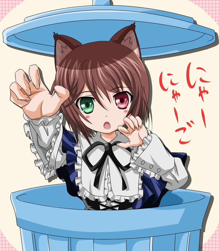 boku, takumi (rozen garten), souseiseki, rozen maiden, 00s, animal ears, brown hair, cat ears, fang, frills, heterochromia, in container, in trash can, nyan, paw pose, short hair, solo, trash can