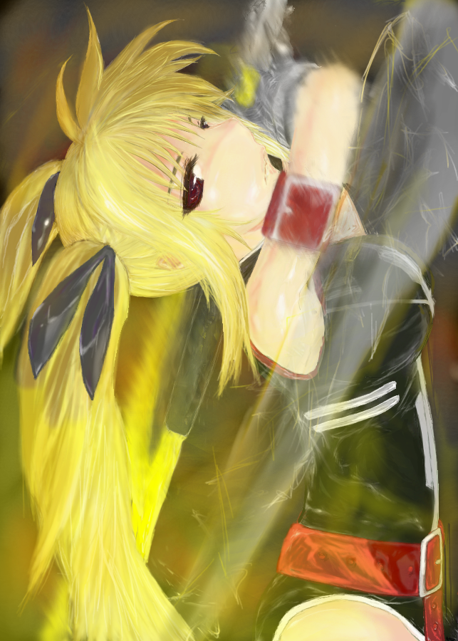 bardiche (nanoha), bardiche (zanber form) (nanoha), fate testarossa, fate testarossa (true sonic form), lyrical nanoha, mahou shoujo lyrical nanoha, mahou shoujo lyrical nanoha strikers, 00s, 1girl, armband, belt, blonde hair, breasts, female focus, hair ribbon, long hair, medium breasts, red eyes, ribbon, solo, twintails