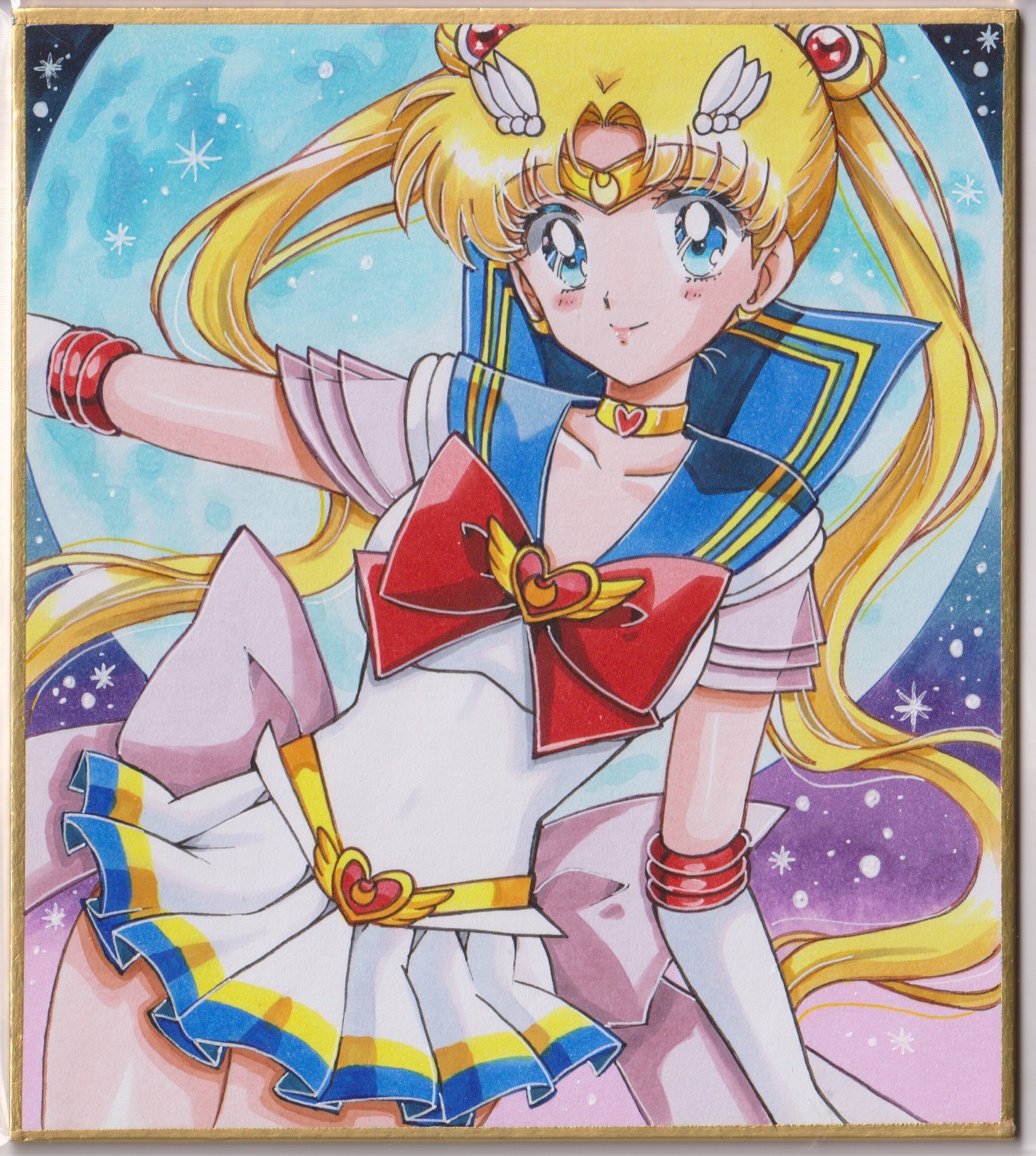 chikoto (kztc4472), sailor moon, super sailor moon, tsukino usagi, bishoujo senshi sailor moon, commentary, highres, traditional media, 1girl, :d, back bow, blonde hair, blue eyes, blue sailor collar, blush, bow, bowtie, brooch, choker, cowboy shot, crisis moon compact, double bun, elbow gloves, gloves, hair bun, heart, heart brooch, jewelry, long hair, looking at viewer, miniskirt, moon, open mouth, parted bangs, pink bow, pleated skirt, red bow, red bowtie, sailor collar, sailor senshi uniform, shirt, short sleeves, skirt, smile, solo, twintails, white gloves, white shirt, white skirt, yellow choker