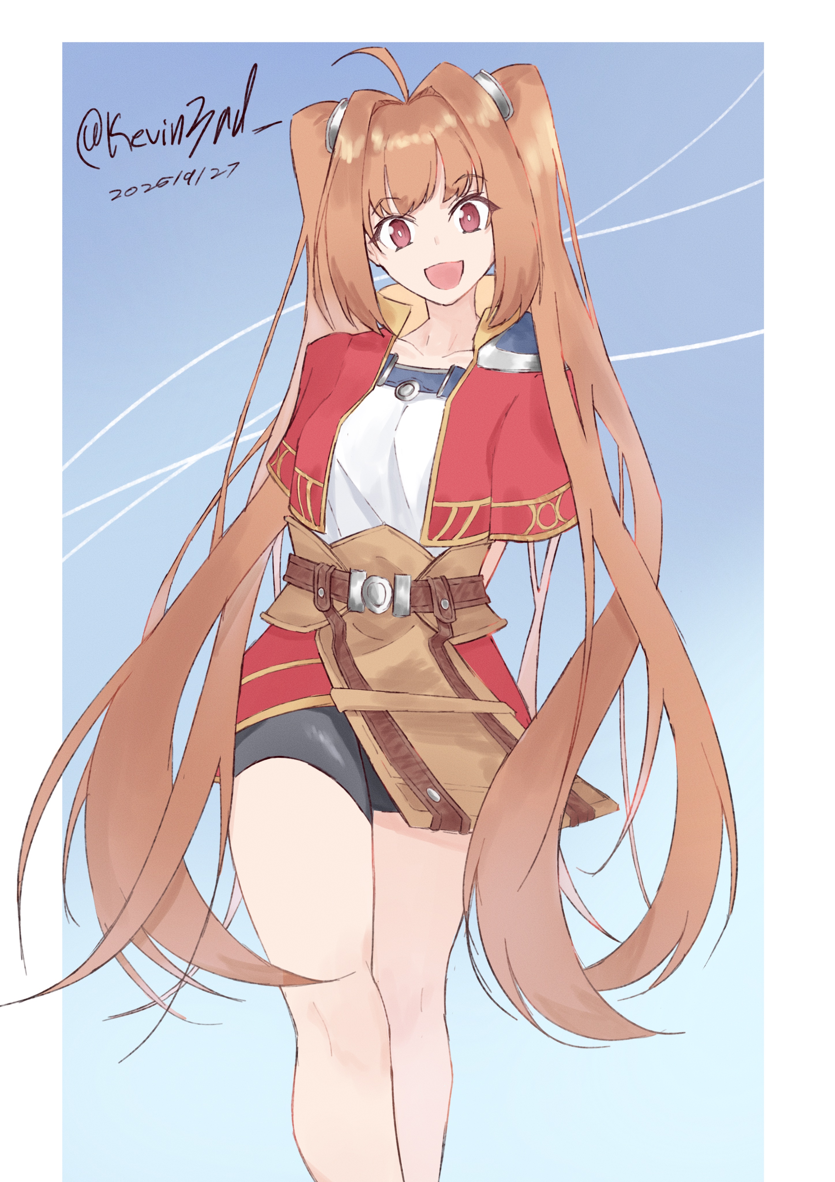 estelle bright, eiyuu densetsu, sora no kiseki, absurdres, highres, 1girl, ahoge, antenna hair, armor, arms behind back, bike shorts, bike shorts under skirt, blue background, brown hair, cropped jacket, dated, floating hair, gradient background, hair intakes, kevin3rd, long hair, looking at viewer, open mouth, pauldrons, red eyes, short sleeves, shorts, shorts under skirt, shoulder armor, simple background, single pauldron, smile, solo, twintails, twitter username, upper body, very long hair