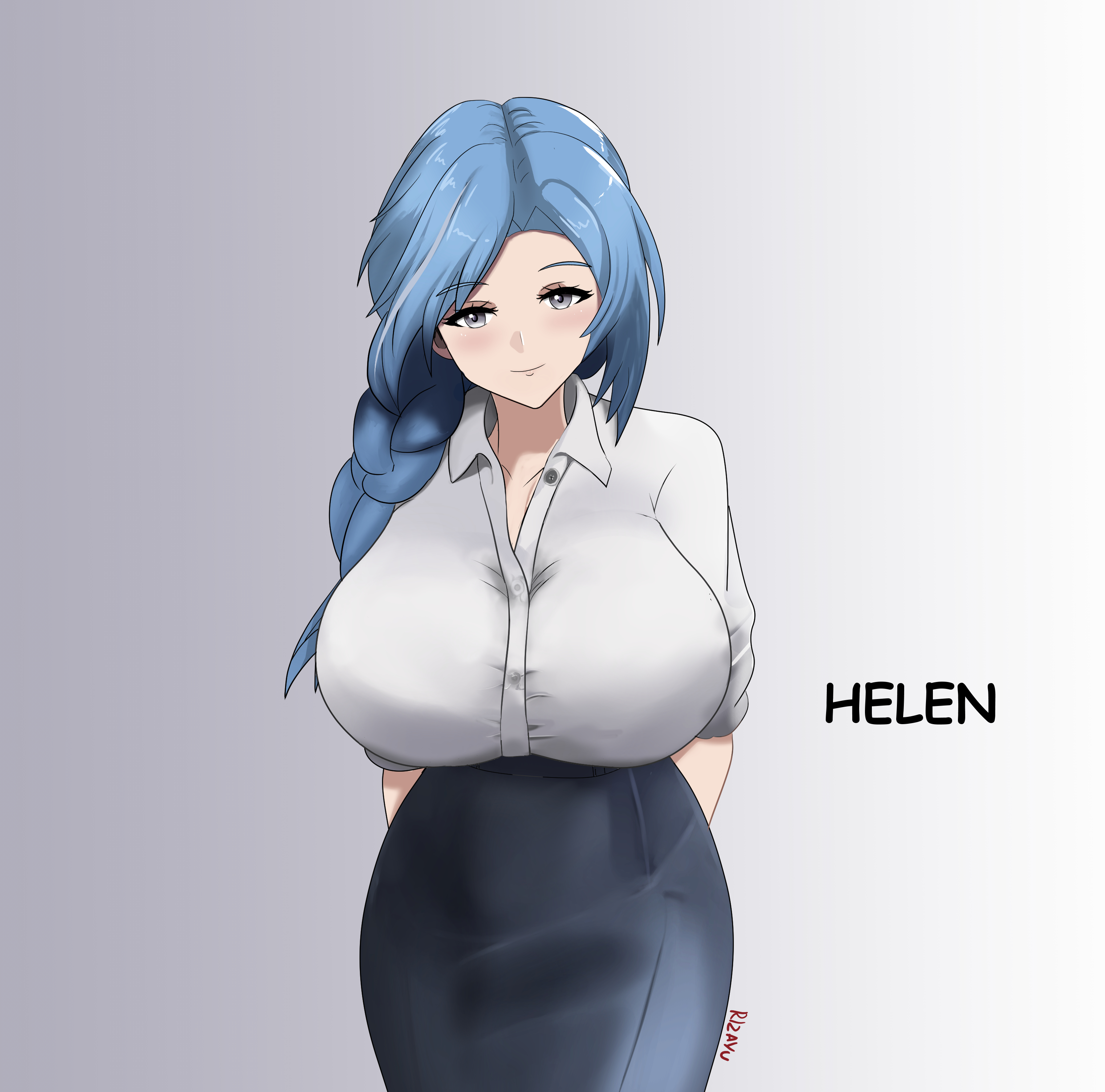 dp-12 (girls' frontline), girls' frontline, girls' frontline 2: exilium, absurdres, commentary, english commentary, highres, 1girl, alternate costume, arms behind back, blue hair, blue skirt, breasts, character name, closed mouth, collared shirt, dress shirt, grey background, grey eyes, hair over shoulder, helen (girls' frontline 2), huge breasts, long hair, long skirt, looking at viewer, office lady, pencil skirt, rizayu, shirt, skirt, smile, solo, white shirt