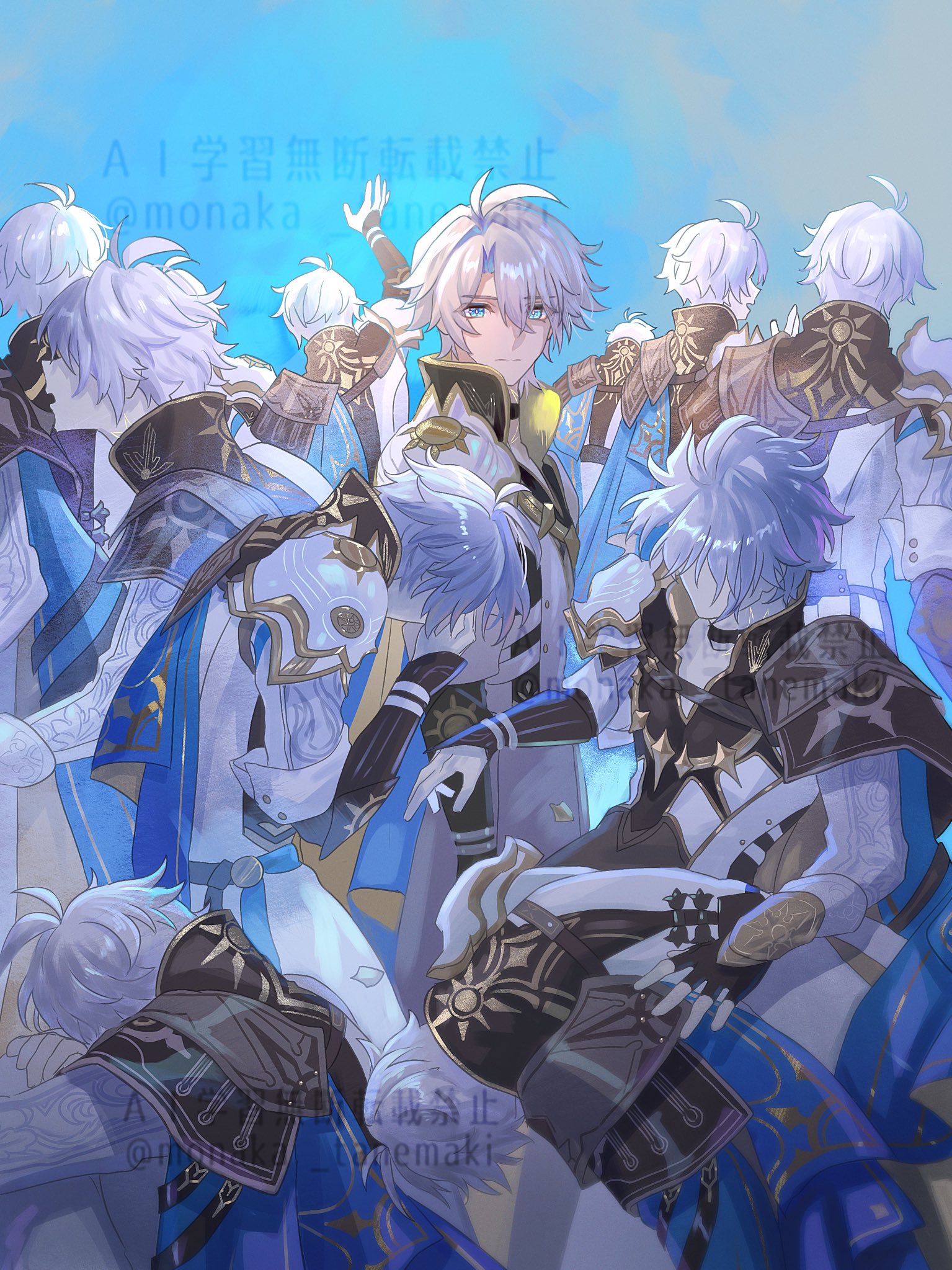 tanemaki monaka, phainon (honkai: star rail), honkai: star rail, honkai (series), highres, 6+boys, armor, belt, black choker, blue cape, blue eyes, cape, choker, closed mouth, crossed bangs, grey hair, hair between eyes, looking at viewer, male focus, multiple boys, multiple persona, neck tattoo, parted bangs, pauldrons, short hair, shoulder armor, single pauldron, sitting, tattoo, two-sided cape, two-sided fabric, watermark, yellow cape