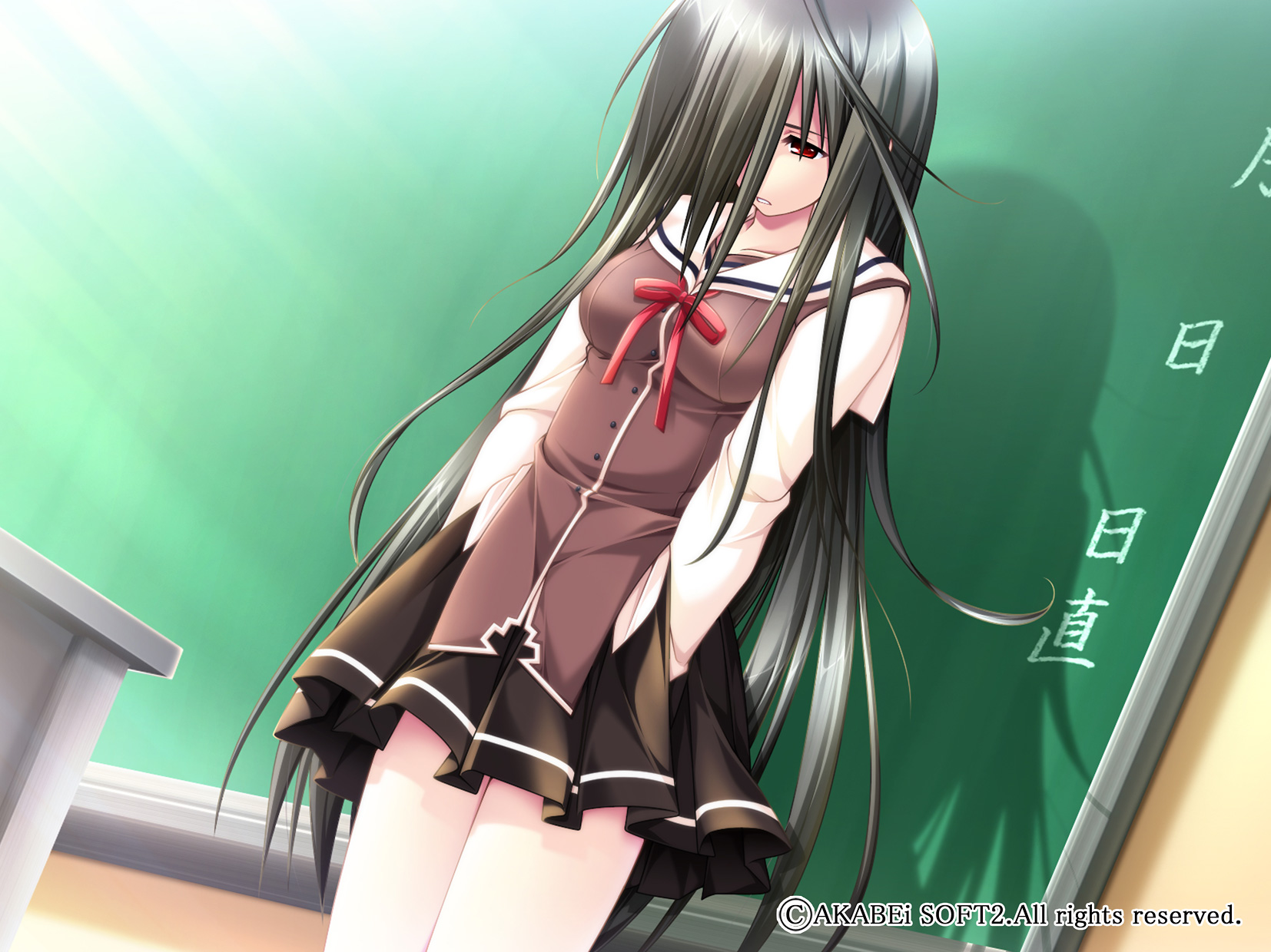 alpha (yukai na nakamatachi), usami haru, g-senjou no maou, highres, 1girl, black hair, chalkboard, female focus, hair over one eye, long hair, red eyes, sad, school uniform, serafuku, solo, very long hair