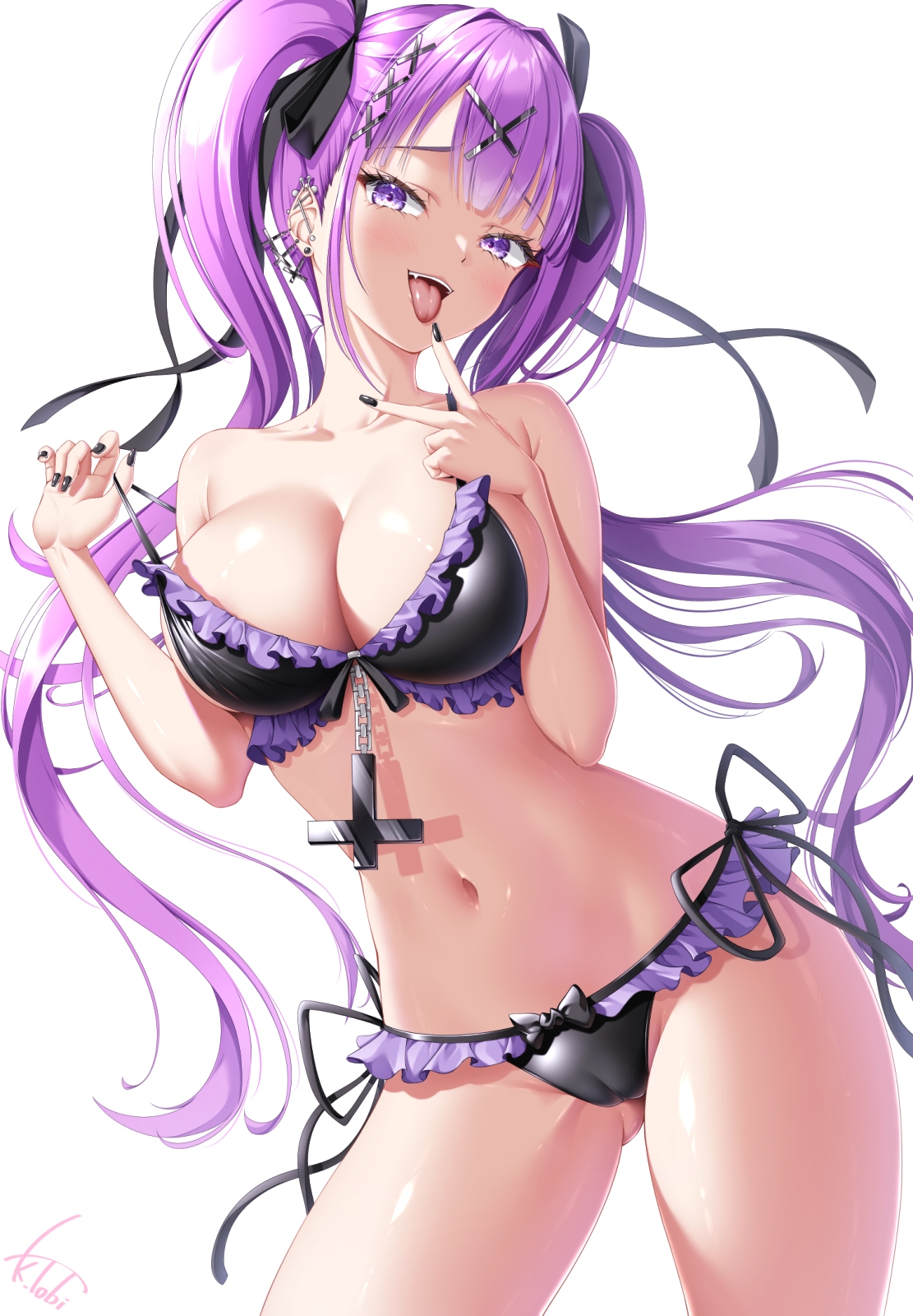 kogarashi tobi, original, highres, 1girl, bikini, black bikini, bloom, breasts, cameltoe, cleavage, ear piercing, frilled bikini, frills, gluteal fold, large breasts, long hair, looking at viewer, nail polish, navel, open mouth, piercing, purple eyes, purple hair, simple background, smile, solo, stomach, swimsuit, teeth, tongue, tongue out, twintails, upper teeth only, white background