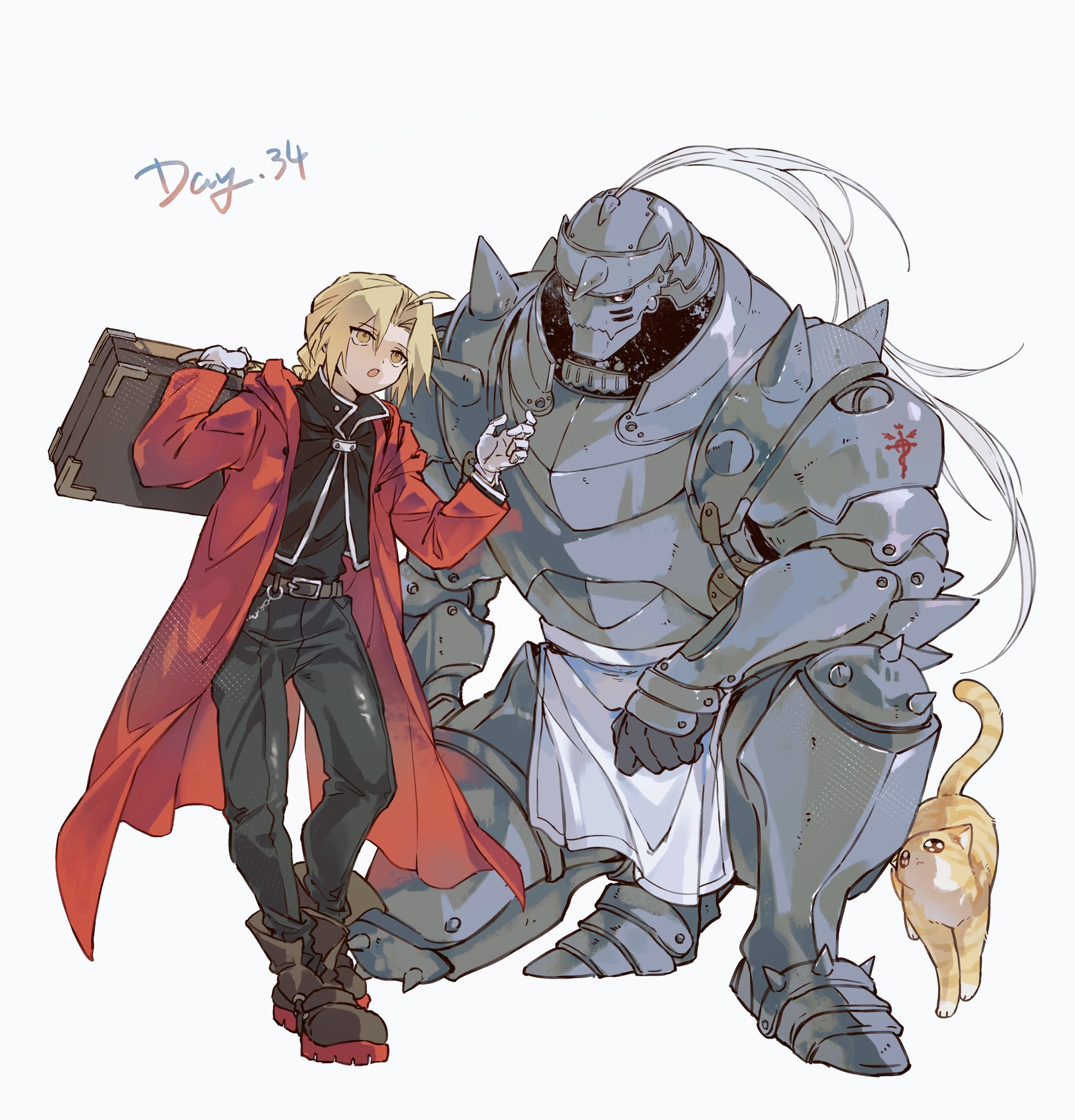 xue ezi, alphonse elric, edward elric, fullmetal alchemist, highres, 2boys, armor, black jacket, black pants, blonde hair, braid, cat, coat, full body, gloves, holding, holding suitcase, jacket, living armor, male focus, multiple boys, pants, red coat, simple background, sitting, suitcase, white background, white eyes, white gloves, yellow eyes