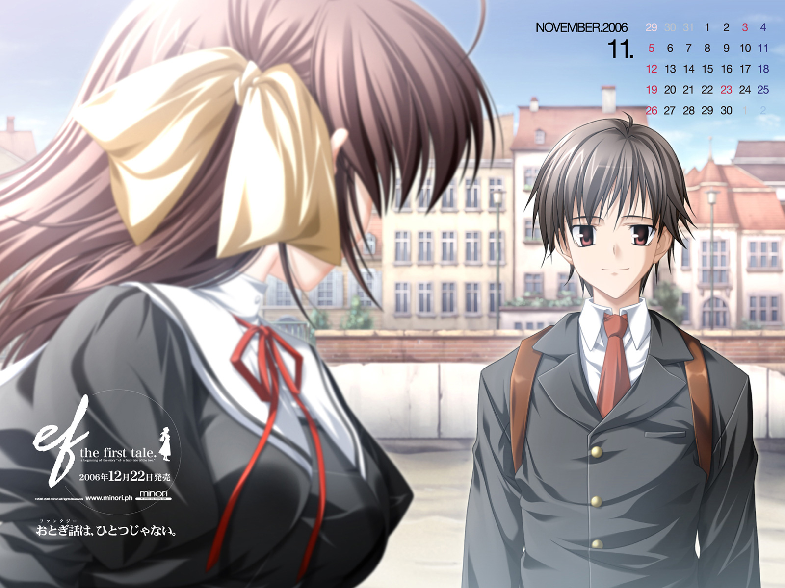 nanao naru, hirono hiro, miyamura miyako, ef (visual novel), ef the first tale, highres, 00s, 1boy, 1girl, calendar, school uniform, serafuku
