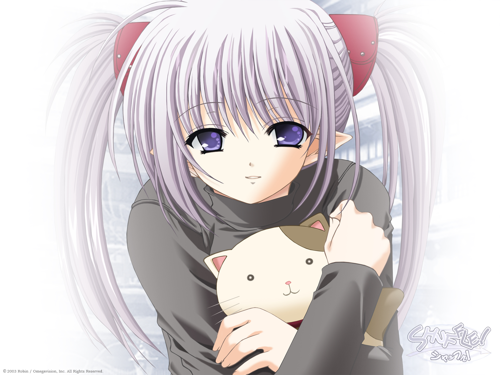 nishimata aoi, primula, shuffle!, highres, 00s, 1girl, cat, female focus, grey hair, long hair, pointy ears, solo, stuffed animal, stuffed cat, stuffed toy, twintails
