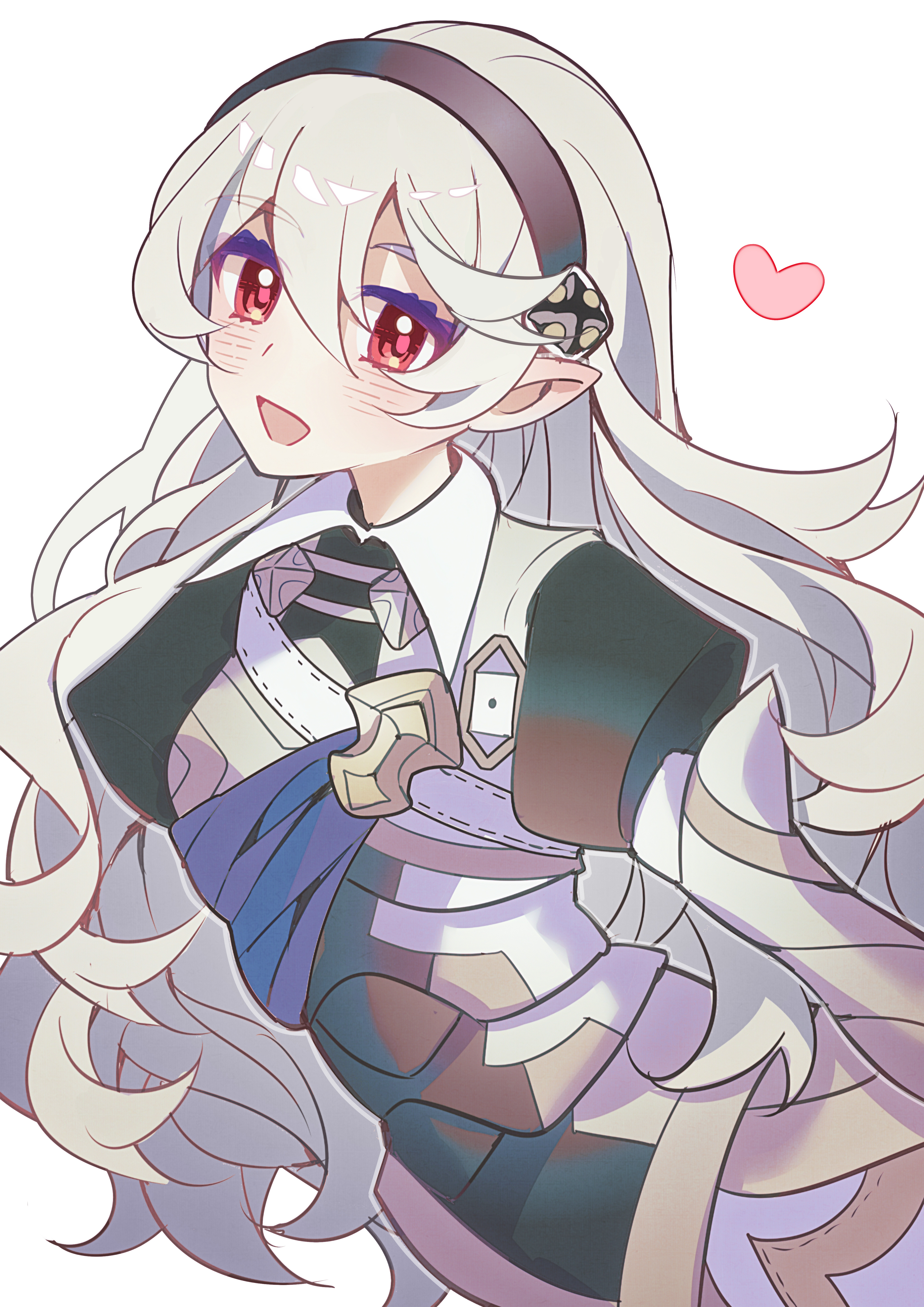 shocho (shaojiujiu), female corrin (fire emblem), fire emblem, fire emblem fates, nintendo, absurdres, highres, 1girl, black hairband, blush, grey hair, hair between eyes, hairband, heart, long hair, looking at viewer, open mouth, pointy ears, red eyes, solo, very long hair, white background