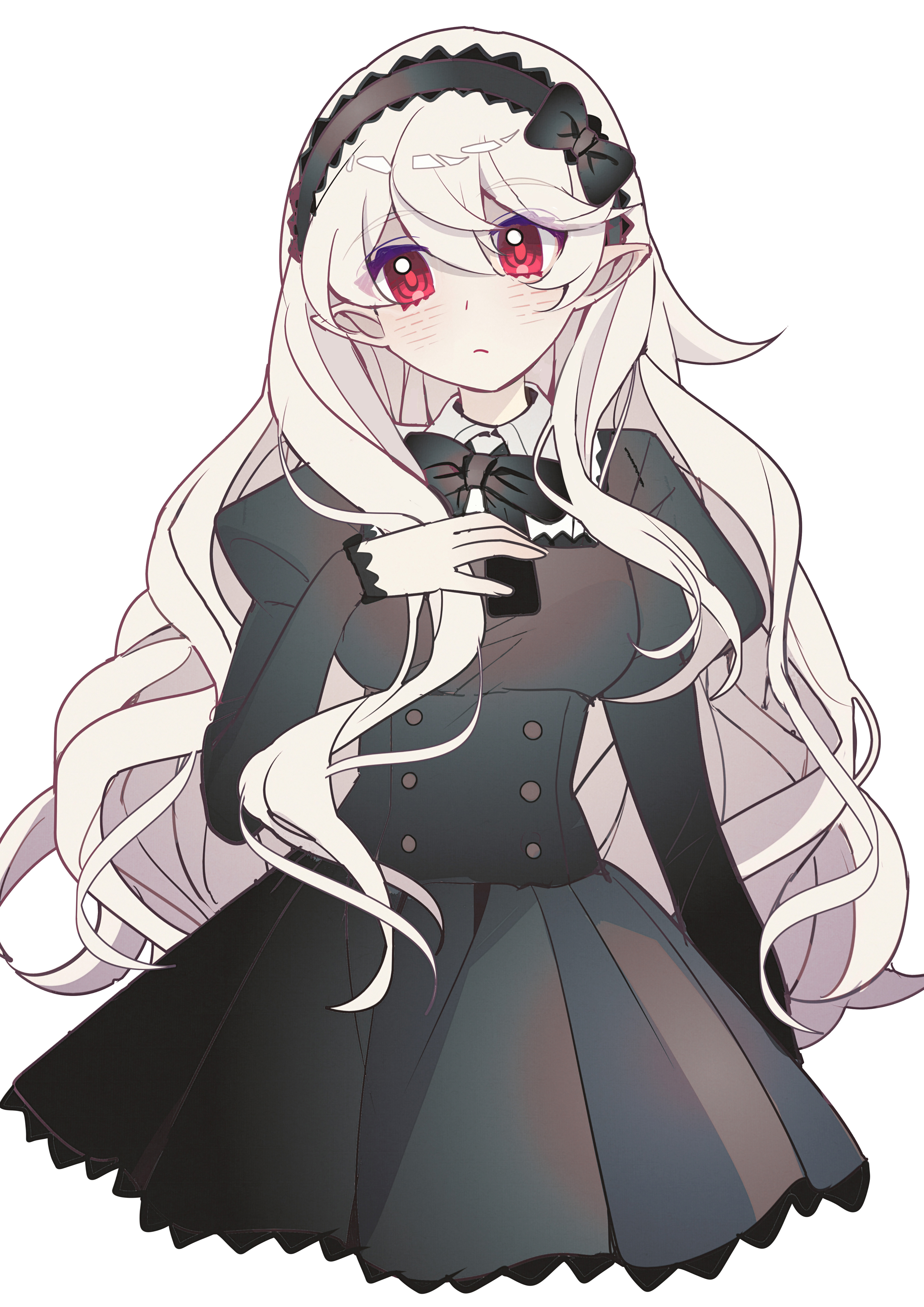 shocho (shaojiujiu), female corrin (fire emblem), fire emblem, fire emblem fates, nintendo, absurdres, highres, 1girl, alternate costume, black bow, black dress, black hairband, blush, bow, bow hairband, closed mouth, dress, grey hair, hair bow, hairband, light frown, long hair, long sleeves, looking at viewer, pointy ears, red eyes, solo, very long hair