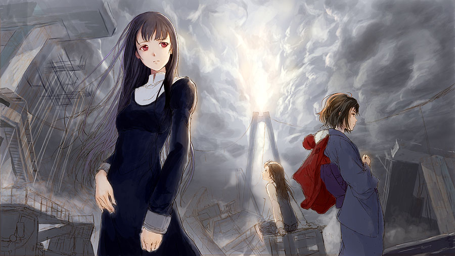 shiika sadamasa, asagami fujino, kokutou azaka, ryougi shiki, kara no kyoukai, unfinished, 3girls, black hair, blue eyes, blunt bangs, breasts, brown eyes, brown hair, jacket, japanese clothes, kimono, medium breasts, multiple girls, obi, purple hair, red eyes, red jacket, reien girl's academy school uniform, sash, school uniform, short hair, vest