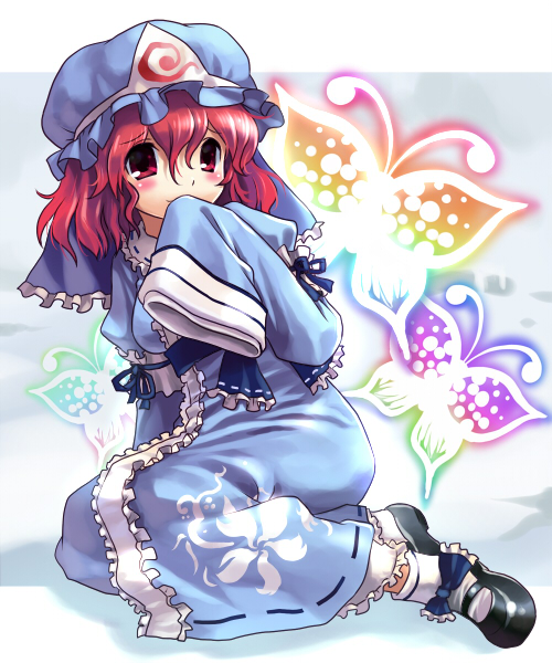 katahira masashi, saigyouji yuyuko, touhou, 1girl, blush, bug, butterfly, covering own mouth, female focus, full body, hand over own mouth, hat, insect, japanese clothes, kimono, long sleeves, mary janes, mob cap, pink hair, red eyes, ribbon, shoes, short hair, sitting, sleeves past wrists, smile, socks, solo