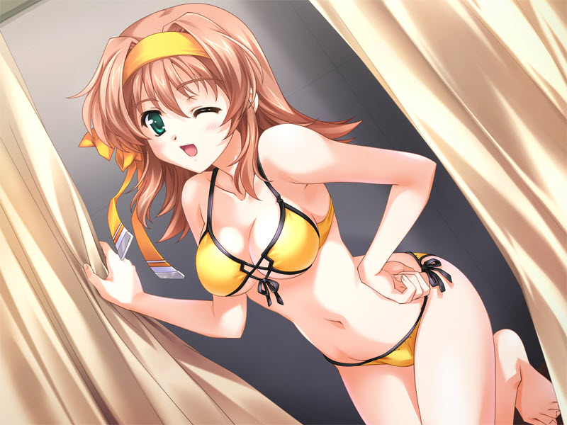 yoshimori masaki, reconquista, game cg, non-web source, 1girl, bikini, breasts, cleavage, curtain grab, curtains, female focus, hair ribbon, hairband, medium breasts, one eye closed, ribbon, side-tie bikini bottom, solo, swimsuit, wink, yellow bikini
