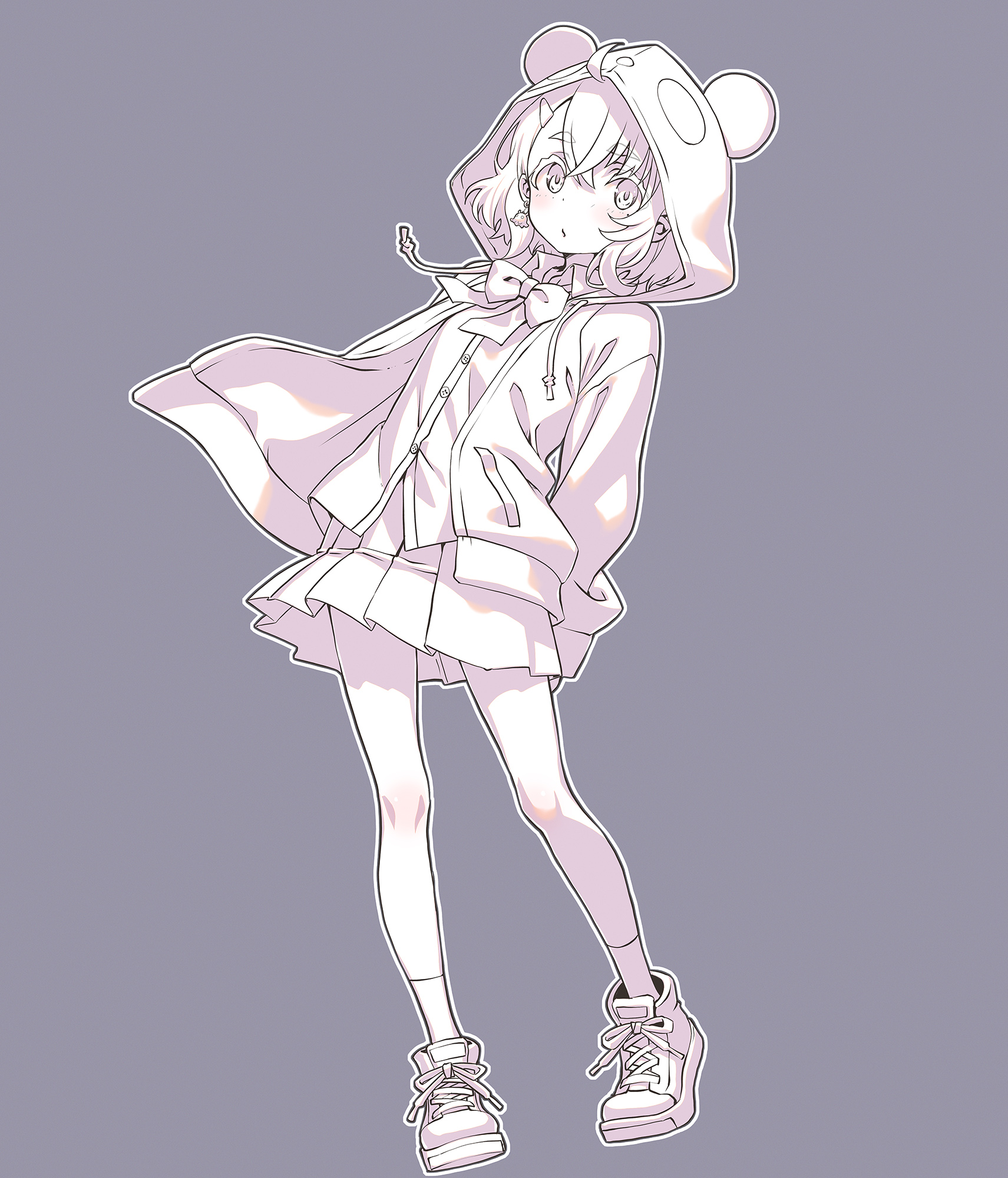sakuya tsuitachi, sasaki saku, sasaki saku (1st costume), nijisanji, commentary request, highres, 1girl, ahoge, animal ears, animal hood, blush, bow, closed mouth, collared shirt, drawstring, dress shirt, fake animal ears, full body, grey background, greyscale, hair between eyes, hair ornament, hairclip, hood, hood up, hooded jacket, jacket, long sleeves, looking at viewer, monochrome, open clothes, open jacket, panda ears, panda hood, pleated skirt, puffy long sleeves, puffy sleeves, shirt, shoes, short eyebrows, simple background, skirt, socks, solo, thick eyebrows, virtual youtuber