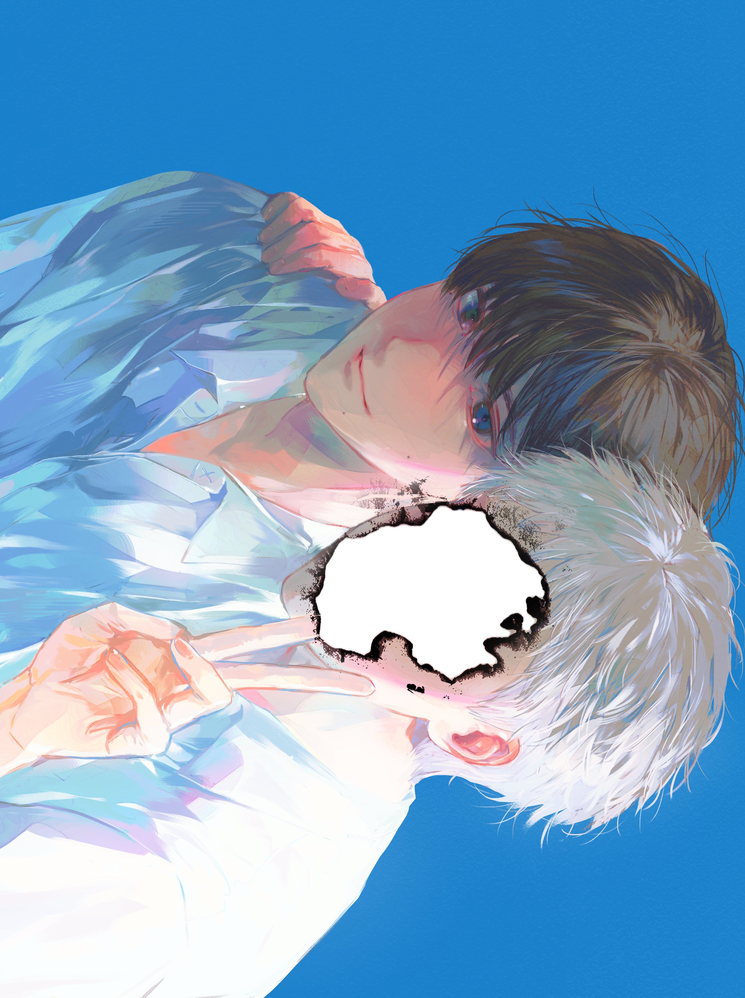 indou hikaru, tsujinaka yoshiki, hikaru ga shinda natsu, absurdres, hashtag-only commentary, highres, 2boys, black hair, blue background, blue eyes, carl 4, closed mouth, collared shirt, fingernails, hand on another's shoulder, looking at viewer, male focus, mole, mole on cheek, mole under mouth, multiple boys, multiple moles, shirt, short hair, sideways, v, white hair, white shirt