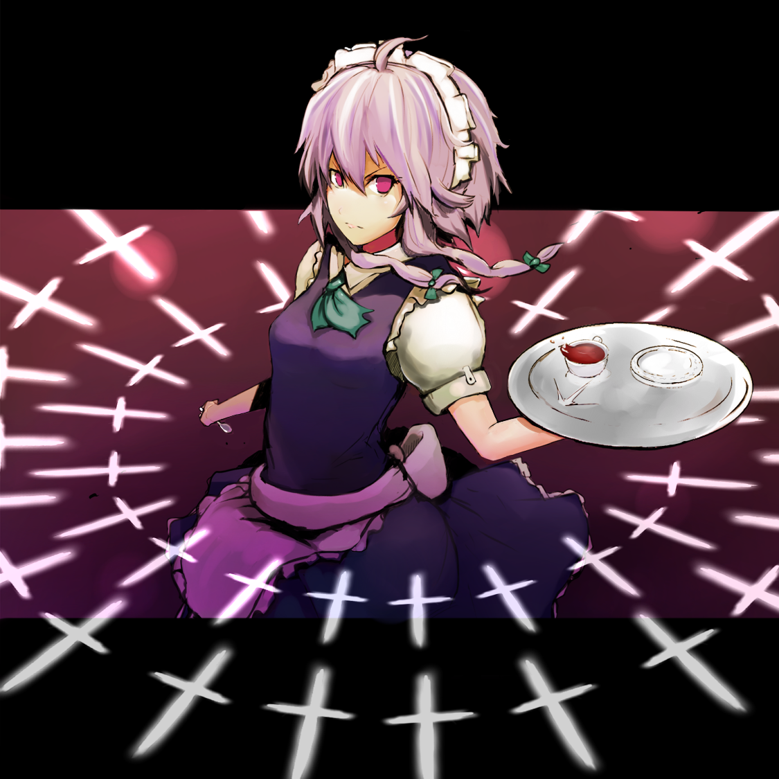 nishieda, sergei (pattundo), serugei, izayoi sakuya, touhou, 1girl, ahoge, cup, female focus, glaring, knife, letterboxed, nisieda, pink hair, red eyes, short hair, solo, teacup, tray
