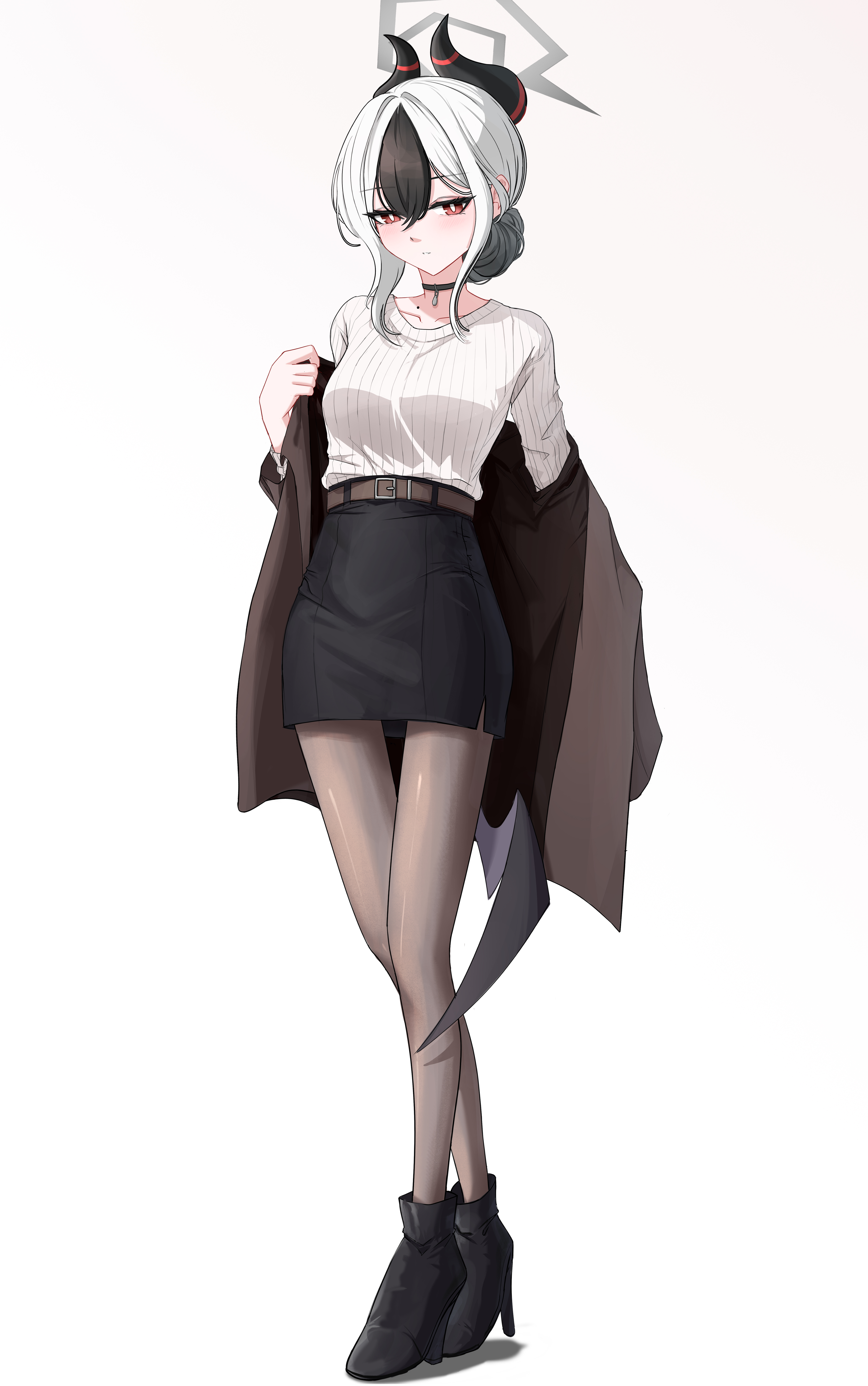 hit by hit, kayoko (blue archive), blue archive, absurdres, commentary, highres, 1girl, black hair, black shoes, black skirt, blush, bright pupils, brown jacket, closed mouth, full body, grey halo, grey pantyhose, hair between eyes, halo, high heels, jacket, long sleeves, looking at viewer, multicolored hair, off shoulder, open clothes, open jacket, pantyhose, pencil skirt, red eyes, ribbed sweater, shoes, short hair, simple background, skirt, solo, standing, sweater, two-tone hair, white background, white hair, white pupils, white sweater