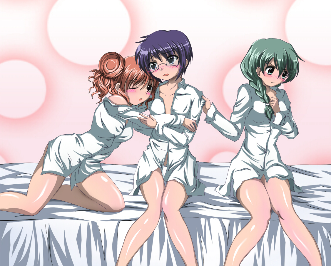 bentoss detritus, hiro (hidamari sketch), natsume (hidamari sketch), sae (hidamari sketch), hidamari sketch, 00s, 3girls, blue eyes, blue hair, blush, bottomless, braid, breasts, glasses, green eyes, green hair, hair bun, multiple girls, no pants, panties, red eyes, red hair, short hair, single hair bun, small breasts, underwear, white panties, yuri