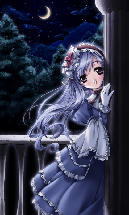 miyase mahiro, aria (sister princess), sister princess, 00s, 1girl, blue hair, dress, female focus, frills, gloves, hair ornament, lolita fashion, moon, nature, night, outdoors, peeking out, purple eyes, sky, solo