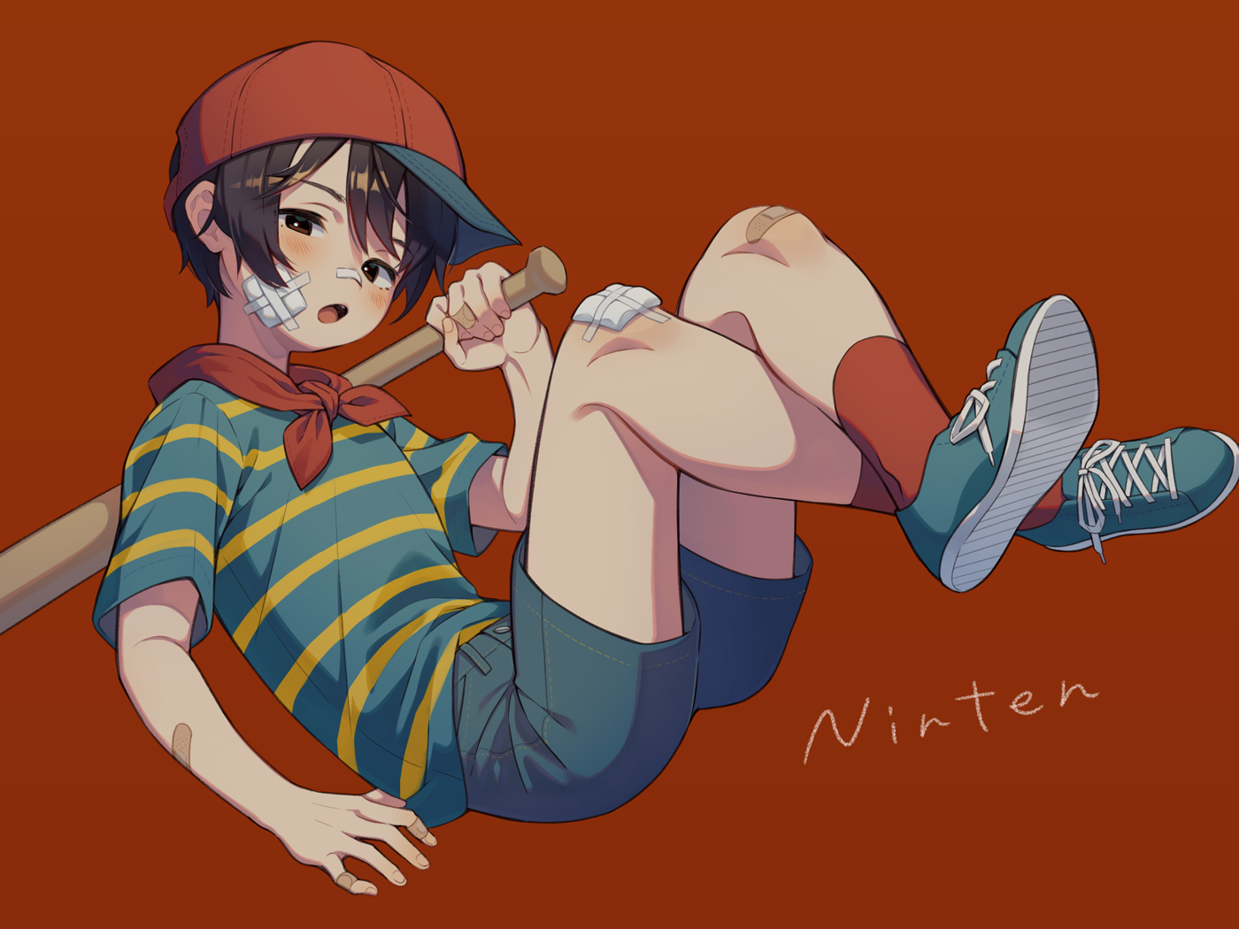 shifumame, ninten, mother (series), mother 1, nintendo, commentary, 1boy, bandaid, bandaid on face, bandaid on nose, baseball bat, baseball cap, black hair, blue shoes, blue shorts, blush, character name, gauze, gauze on cheek, gauze on knee, hat, holding, holding baseball bat, looking at viewer, male focus, open mouth, red background, red socks, shirt, shoes, short sleeves, shorts, simple background, sneakers, socks, solo, striped clothes, striped shirt