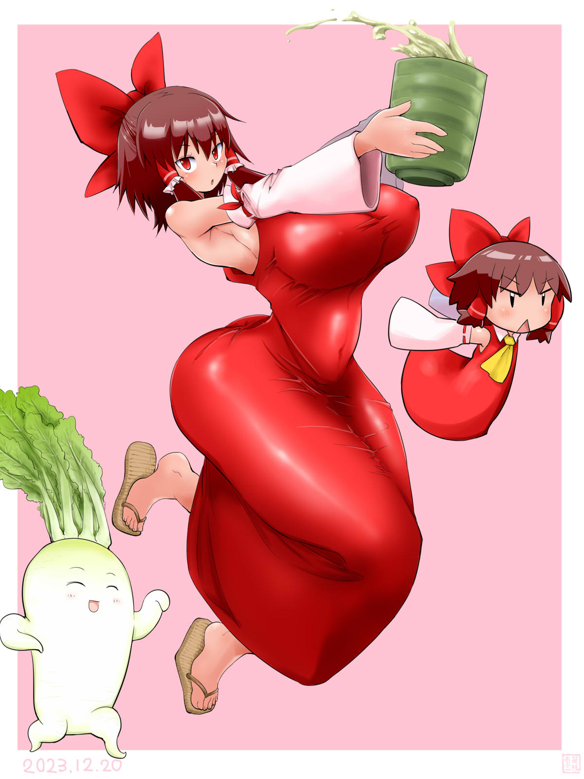 itini-sanshi, hakurei reimu, reu (cookie), reu daikon, sakenomi (cookie), cookie (touhou), touhou, commentary request, highres, 2girls, ascot, blush, bow, breasts, brown hair, brown sandals, cup, daikon, dated, detached sleeves, dress, frilled hair tubes, frills, full body, hair bow, hair tubes, holding, holding cup, large breasts, looking at viewer, mini person, minigirl, multiple girls, open mouth, pink background, radish, red bow, red dress, red eyes, sandals, short hair, simple background, triangle mouth, two-tone background, white background, white sleeves, yellow ascot, yunomi, zouri