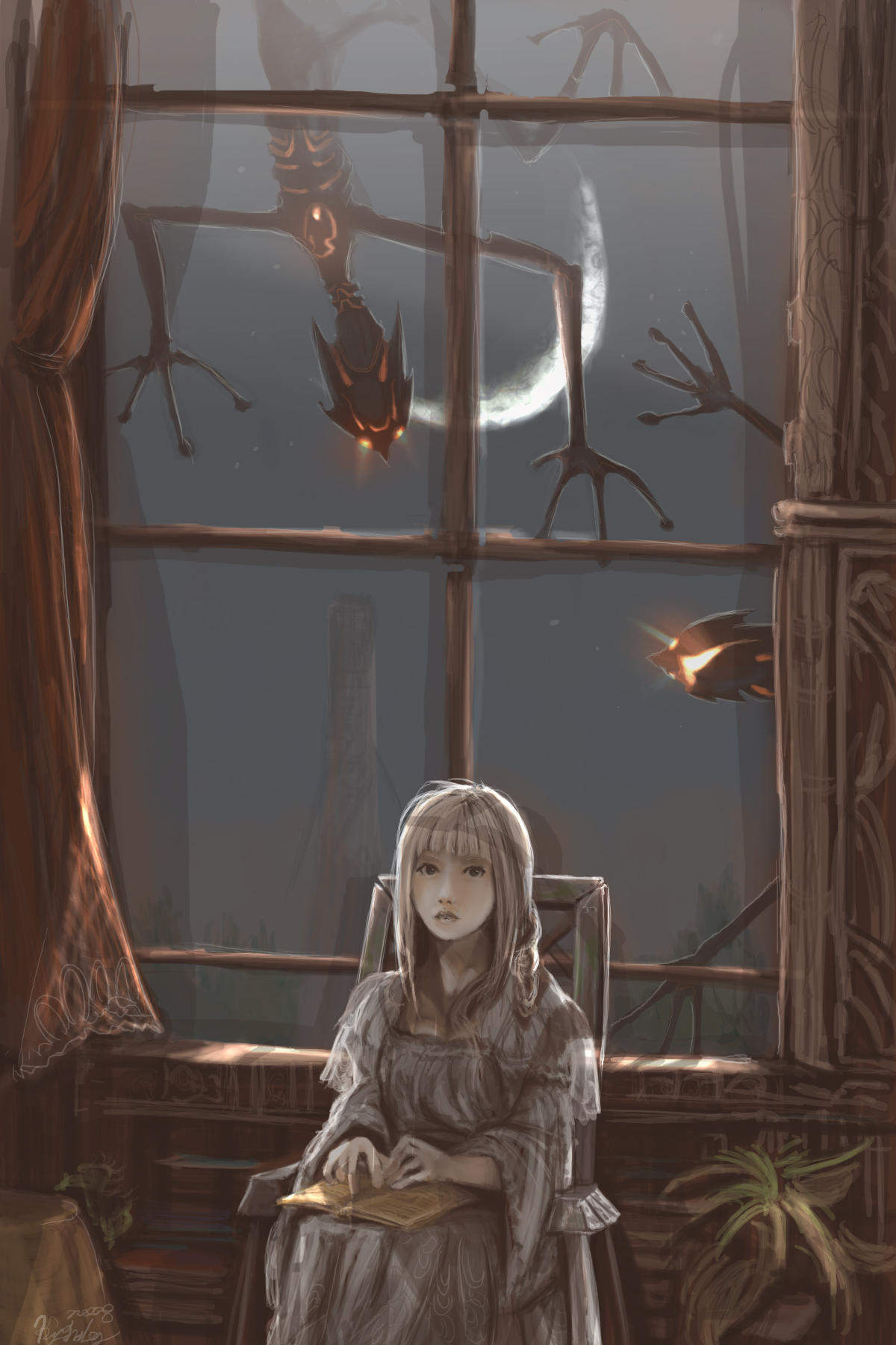 kyan-dog, highres, book, long hair, monster, moon, night, open book, reading, solo, window